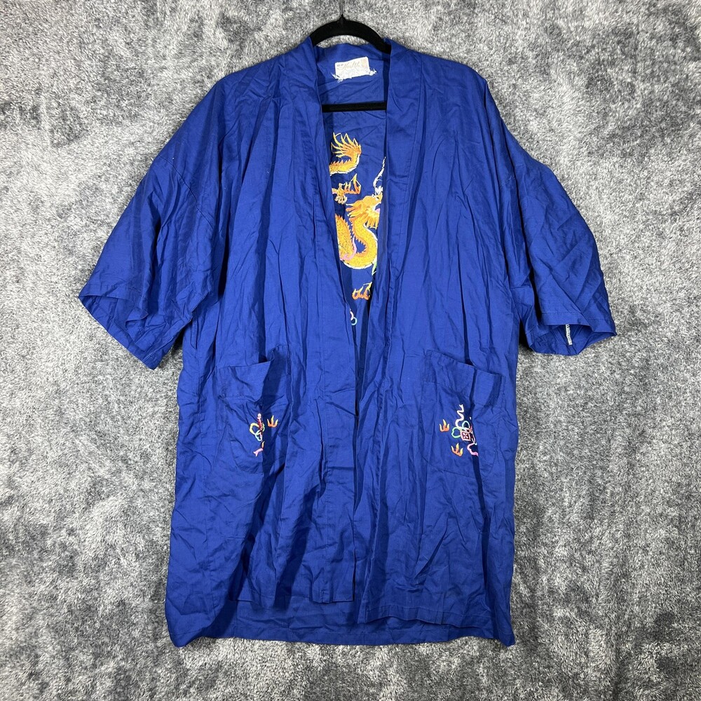 Vintage Health Robe Mens Medium Blue Dragon Embroidered Satin Kimono Sleepwear